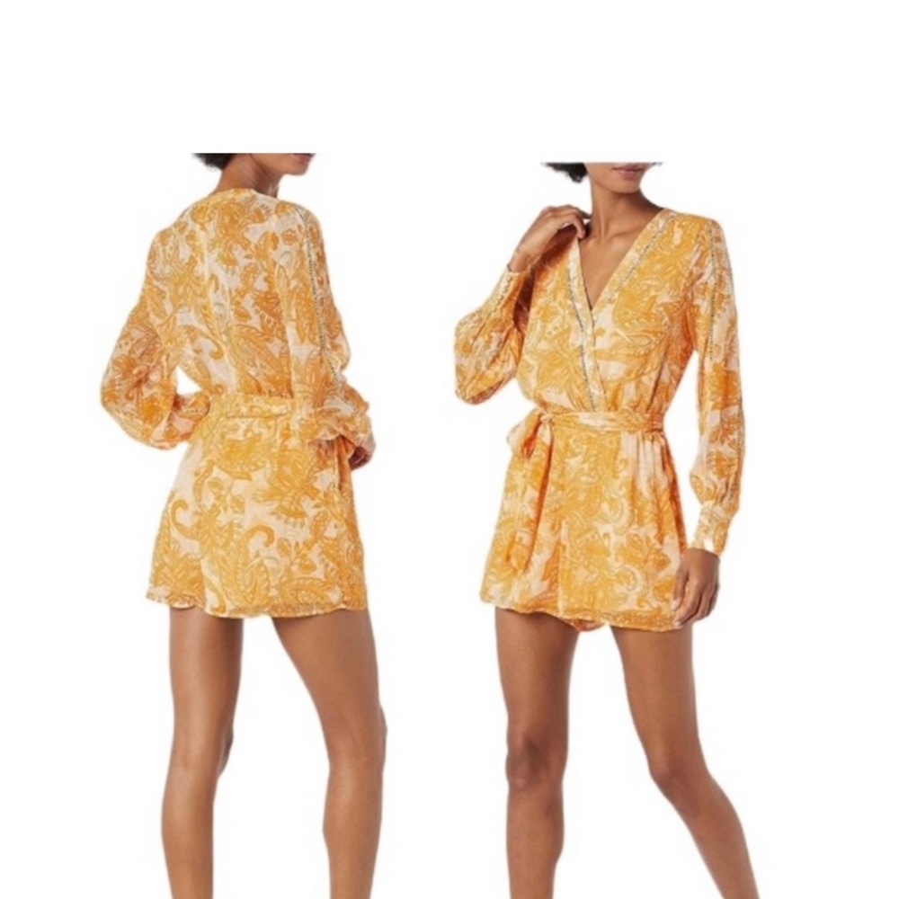 Guess ECO orange/white painted lady long sleeve chiffon romper sunset paisley XS